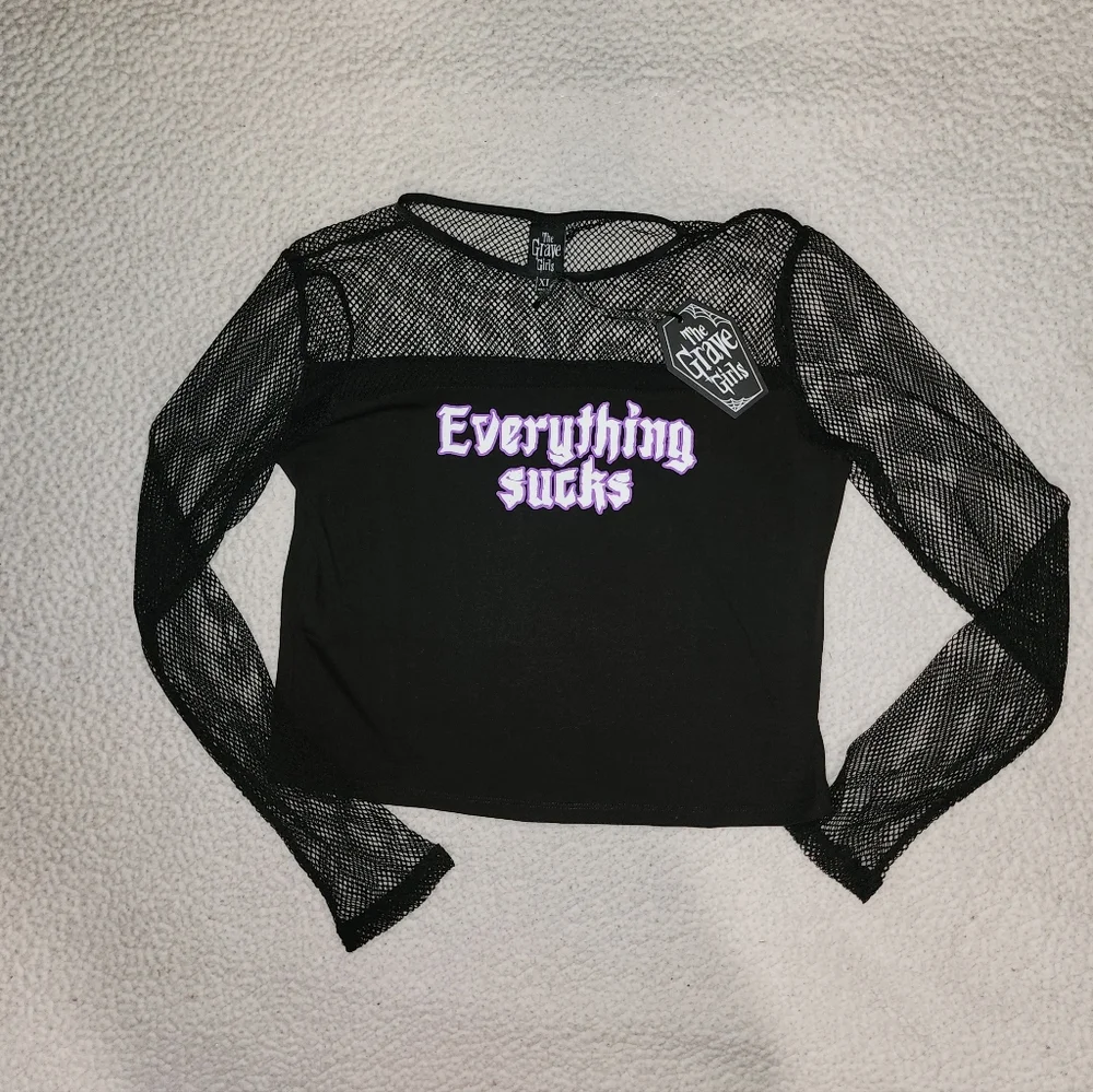 NWT Dolls Kill Black , Sheer Everything Sucks Long Sleeve Tee - Picture 5 of 10